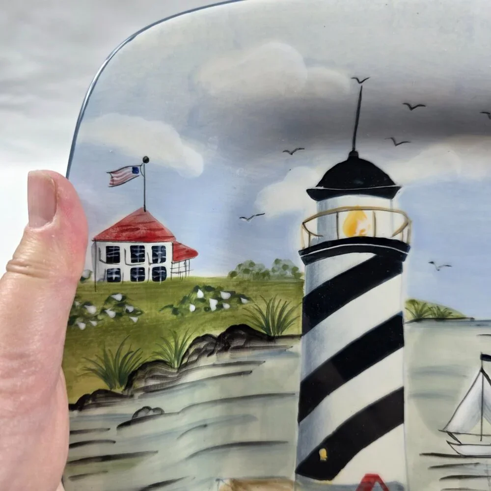 TWO Sakura Nantucket Shoreline Square Salad Plates Lighthouses, Birds Grass